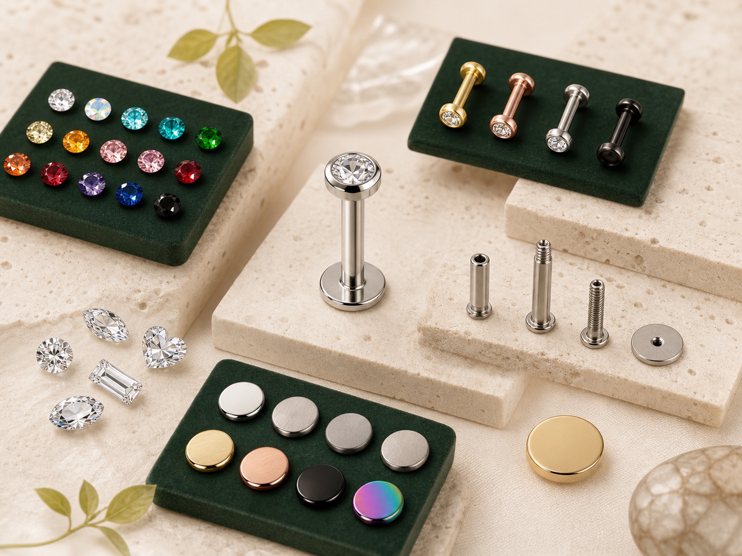 Body jewelry customization display with stone colors, gem cuts, metal finishes and threaded constructions